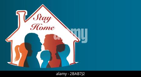 Stay home awareness campaign. Covid-19 coronavirus infection prevention. Families staying at home. Quarantine. Epidemic and pandemic. Solidarity Stock Vector