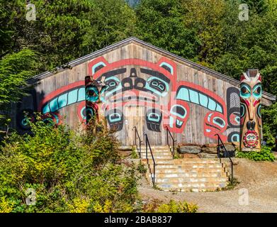 Bear Clan house at Saxman Native Village Dance Performance and Totem Park cruise ship excursion in Ketchikan, Alaska. Stock Photo