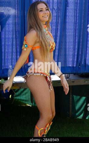 Brazilian Samba dancer back stage in costume at Brazil Day Los Angeles Stock Photo