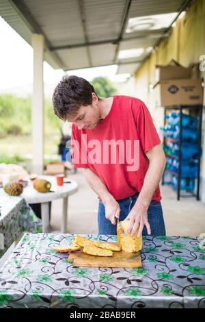 Young man cutting fresh, organic pineapple on wood cutting board. Stock Photo