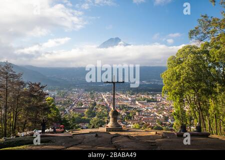 Hill of the Cross, and volcano Agua, Guatemala. Stock Photo