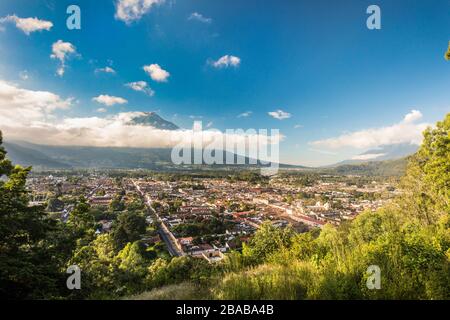 High angle view of Antigua, Guatemala and Volcano Agua. Stock Photo