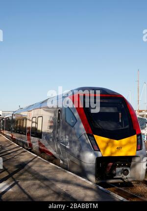 Greater Anglia Stadler FLIRT Bi-mode Electro-diesel train at Woodbridge Station on the East Suffolk Line, (Ipswich to Lowestoft) Suffolk, England Stock Photo