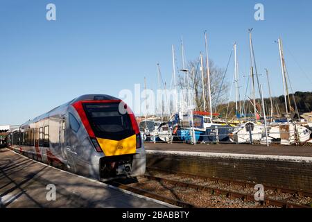 Greater Anglia Stadler FLIRT Bi-mode Electro-diesel train at Woodbridge Station on the East Suffolk Line, (Ipswich to Lowestoft) Suffolk, England Stock Photo