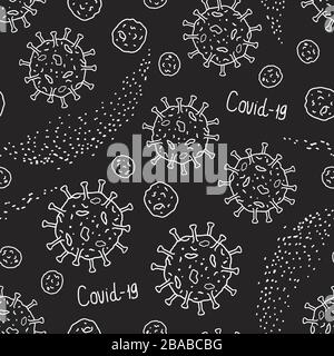 Coronavirus hand drawn griffonage. Flu virus texture. Seamless pattern white doodle isolated on black background. Vector surafce design Stock Vector