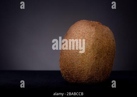 Texture close up of fuzzy kiwifruit with brown hair-like peel on a black surface contrasted against a dark grey low key studio background. Stock Photo