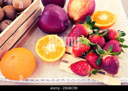 healthy breakfast with coffee, milk, croissants and cereals Stock Photo