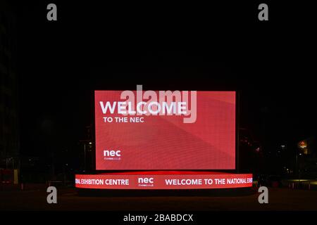 BIRMINGHAM, ENGLAND - DECEMBER 2019: 'Welcome to the NEC' on a giant LED screen outside the entrance of the Birmingham National Exhibition Centre Stock Photo