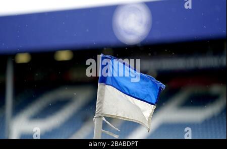 A corner flag blowing in the wind inside Queens Park Rangers' stadium Loftus Road