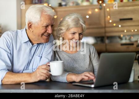 Senior couple using laptop in their kitchen Stock Photo