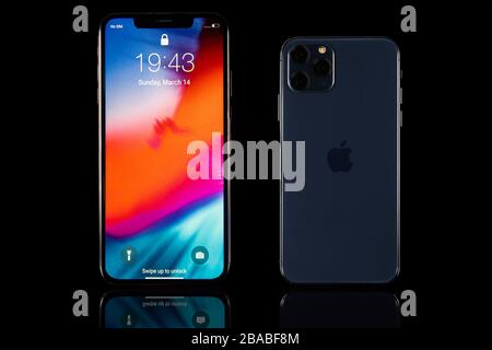 Galati, Romania - March 23, 2020: Apple launch the new smartphone iPhone 11 Pro and iPhone XS Max. iPhone Xs Max front view and iPhone 11 Pro back vie Stock Photo