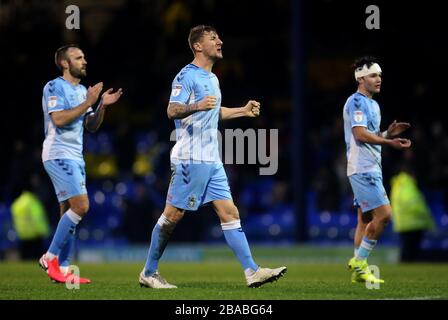 Coventry City's Dominic Hyam (centre) and Callum O'Hare celebrating at full time Stock Photo