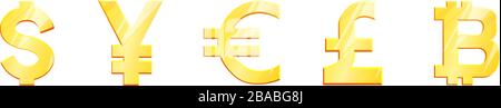 World currency gold symbol set. Main currencies dollar euro yen pound bitcoin . Finance investment concept. Exchange Money banking illustration. Business income earnings. Financial sign stock vector. Stock Vector