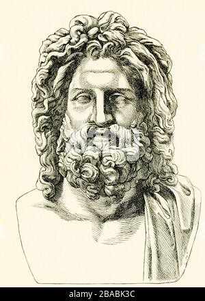 Shown here is the Zeus of Otricoli, an ancient Roman bust found in Otricoli in 1775 during the excavation financed by Pope Pius VI. It is on display in the Sala Rotonda of the Pio-Clementine Vatican Museum. Zeus is the god of the sky, lightning and thunder in Ancient Greek religion and myth, and king of the gods on Mount Olympus. Stock Photo