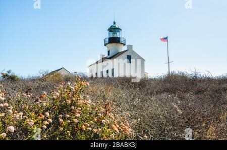 Old Point Loma lighthouse, a historic lighthouse in the Cabrillo National Monument, San Diego Bay, California. Stock Photo