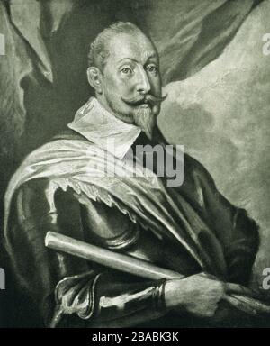 This image shows the king of Sweden Gustav Adolf. The portrait is a black and white image of the color painting in the Royal Art Gallery in Munich by Anthony van Dyck (died 1641), a Flemish Baroque artist who became the leading court painter in England after success in the Southern Netherlands and Italy. Gustavus Adolphus, also called Gustav II Adolf, is credited with laying the foundations of the modern Swedish state and making it a major European power. Stock Photo