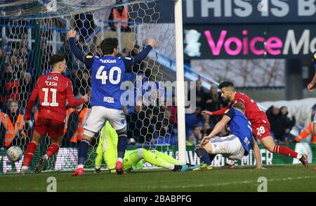 Birmingham City's Kristian Pedersen scores against Nottingham Forest during the Sky Bet Championship at St Andrew's Trillion Trophy Stadium Stock Photo