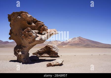 Árbol de Piedra, rock formation in Siloli desert on Altiplano in Bolivia Stock Photo