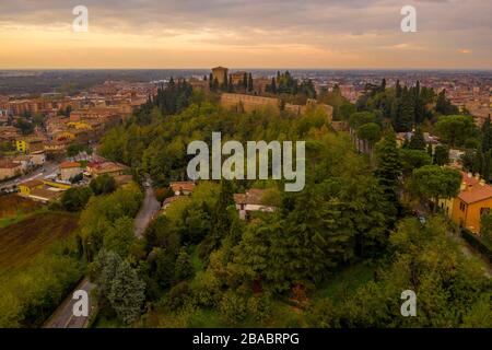 Sunset aerial panorama of Cesena in Emilia Romagna Italy near Forli and Rimini, with the medieval Malatestiana castle, Piazza del Popolo and Roman Cat Stock Photo