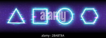 Glitch neon shapes on retro futuristic backdrop. Cyberpunk geometric concept. Triangle, square, circle and hexagon with color distortions. Futuristic Stock Vector