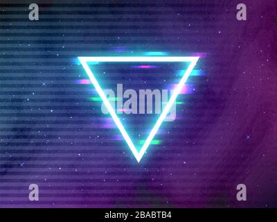 Glitch retro triangle. Glowing neon shape on cosmic backdrop. Cyberpunk template with digital glitched elements. Future effect in space for poster Stock Vector