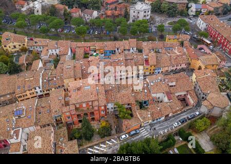 Aerial view of colorful houses in Cesena city center surrounded by city walls in Italy Stock Photo