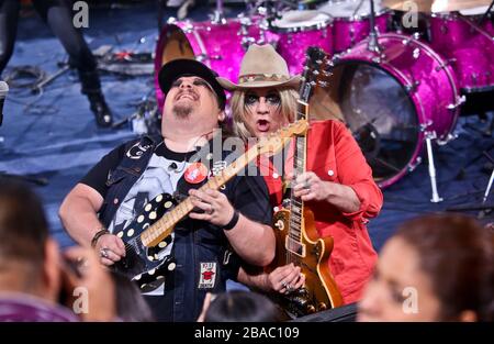 The Mexican rock band Moreratto of the glam metal genre offered a concert of their music in the palenque ring of the Sonora Livestock Expo Stock Photo