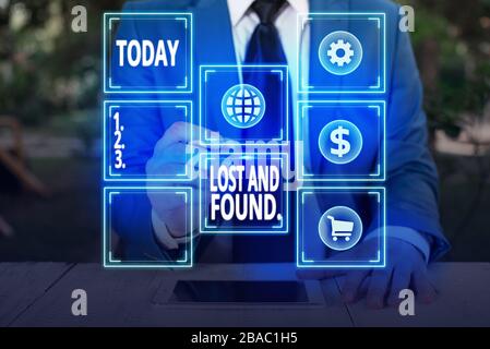 Text sign showing Lost And Found. Business photo showcasing a place where lost items are stored until they reclaimed Stock Photo