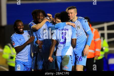 Coventry City's Amadou Bakayoko celebrates (centre) scoring his side's first goal of the game Stock Photo