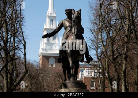 The Paul Revere Statue and Old North Church, Boston, Massachusetts, USA Stock Photo