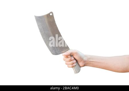 Hand holding butcher knife isolated on white background with clipping path. Stock Photo