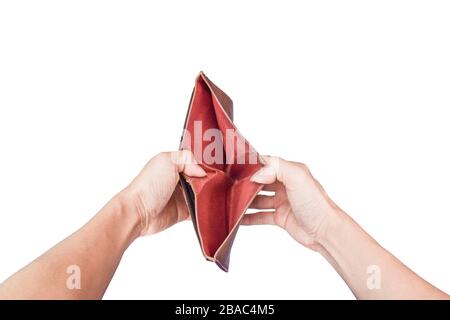 Male hand open an empty wallet isolated on white background with clipping path. Stock Photo