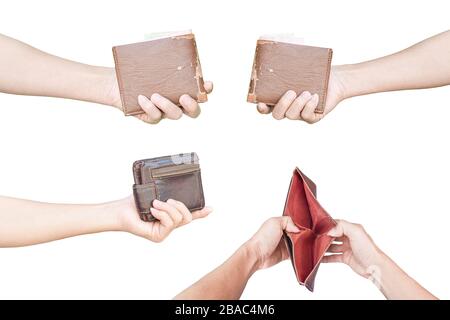 Collection of wallet in hand with isolated on white background with clipping path. Stock Photo