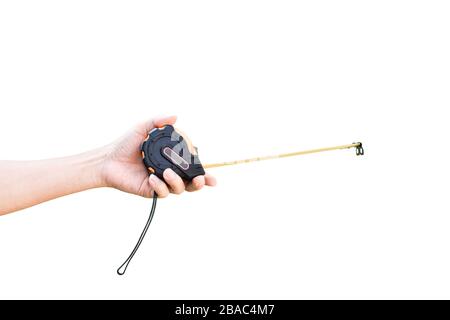 Measuring Tape in hand isolated on white background with clipping path Stock Photo