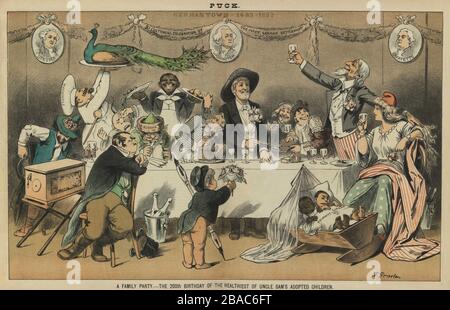 A FAMILY PARTY-THE 200th BIRTHDAY OF THE HEALTHIEST OF UNCLE SAM'S ADOPTED CHILDREN, 1883. Print shows Uncle Sam and Columbia hosting a dinner party in honor of the 'Bi-Centennial Celebration of the First German Settlement.'  Uncle Sam is offering a toast to the well-dressed German man standing at center.  (BSLOC 2018 1 93)