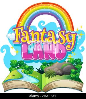 Font design for word fantasy land with scene from a book illustration Stock Vector