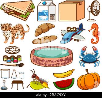 Large set of different food and other items on white background illustration Stock Vector