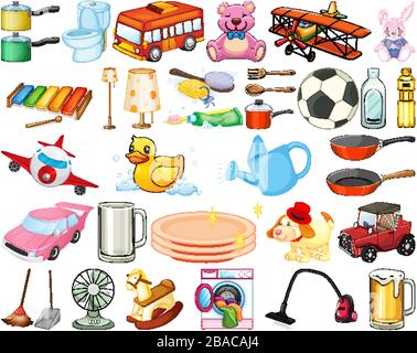 Large Set of Household Items and Many Toys on White Background Stock Vector  - Illustration of household, fork: 176113225