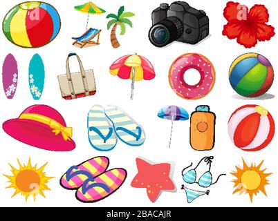 Large set of different summer objects on white background illustration Stock Vector
