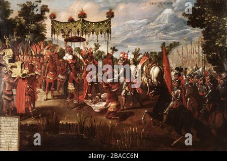 Portrait of Moctezuma II and Hernan Cortes. Cortes in a suit of plate ...