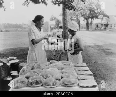 Rural woman selling baked goods by roadside, ca. 1925-30. The photo was created by the US Department of Agriculture, to propose ways farmers could increase their cash incomes. After the WW1 boom in farm income, and accompanying mortgaged expansion, a farm 'Great Depression' followed in the 1920s, caused by falling farm prices and debt on machinery and farm land  (BSLOC 2020 2 103)