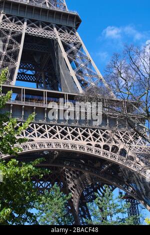 Lower Eiffel Tower seen between trees Stock Photo