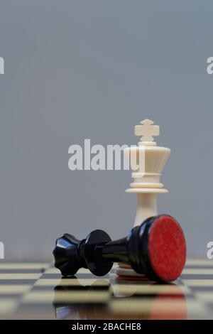 Two chessmen on chessboard, king and queen, Germany Stock Photo