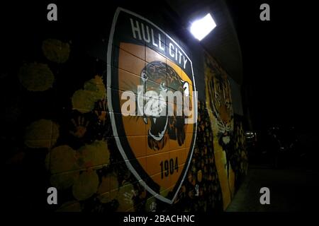 A Hull City club crest painted at the KCOM Stadium Stock Photo