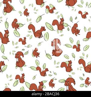 Squirrels in leaves on white background , seamless vector repeat pattern, seamless vector repeat pattern, surface design Stock Vector