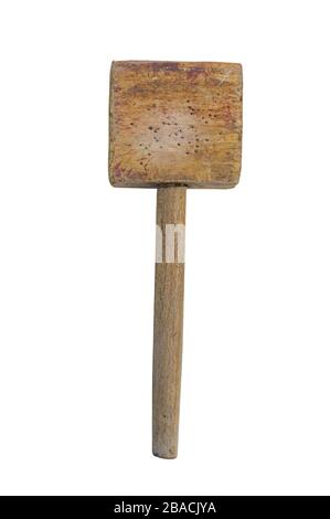 Old wooden mallet (hammer). on a white background. isolated Stock Photo