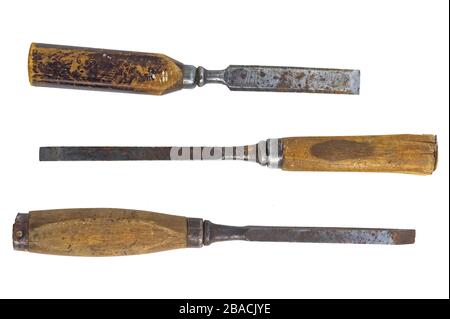 Three old chisels. Isolated on a white background Stock Photo