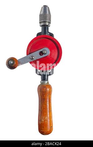 Old rusty hand drill.  Isolated on a white background. Stock Photo