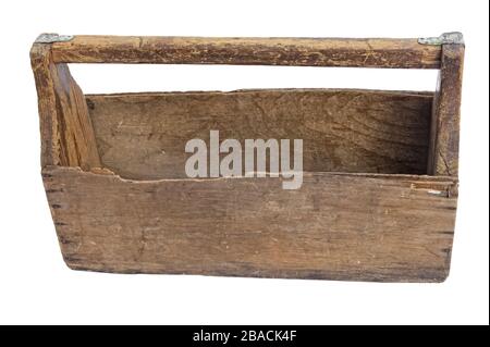 Empty Vintage WoodenTool Box. Close-up. Isolated on a white background. Stock Photo