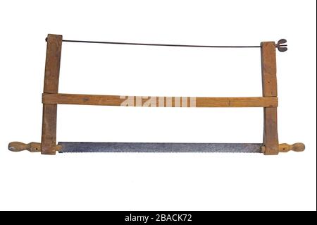 Home-made bow saw. Isolated on a white background. Stock Photo